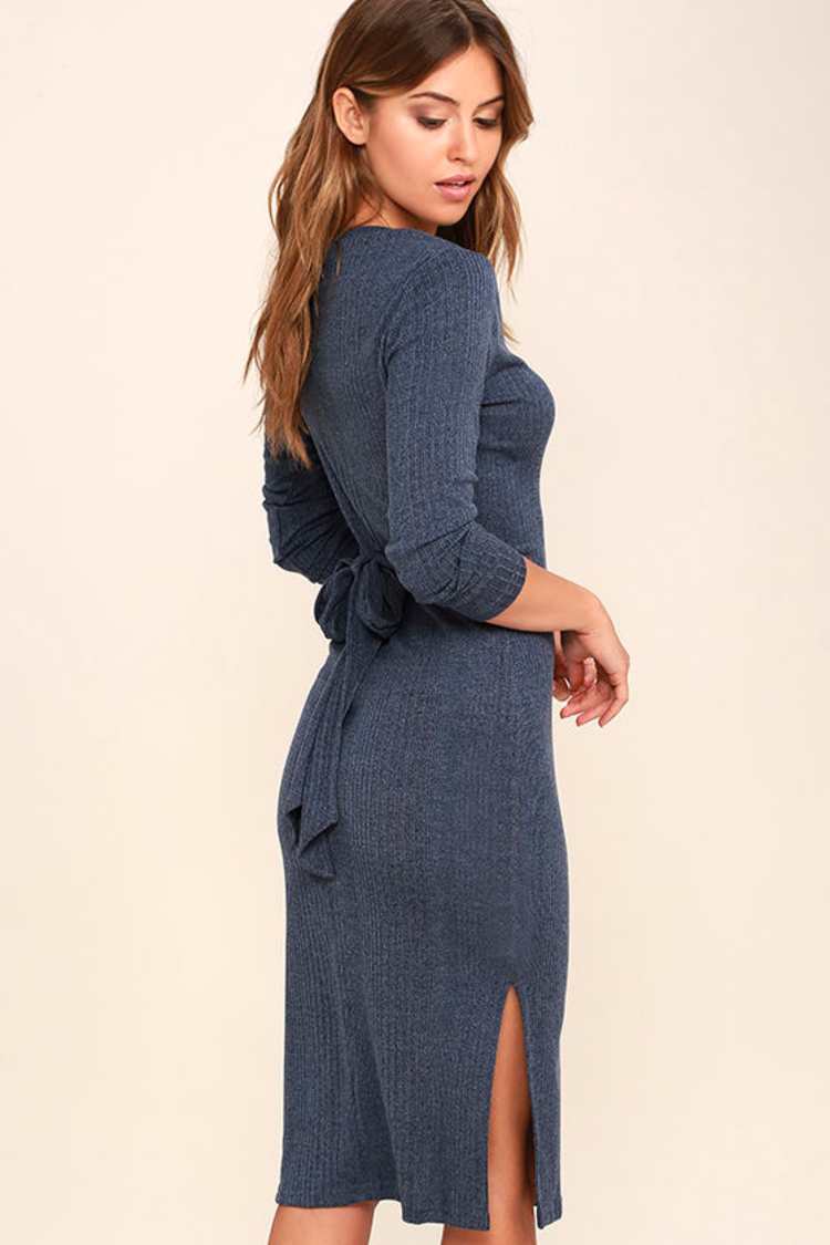 Wrapped Around Your Finger Heather Blue Bodycon Midi Dress Wrapped Around Your Finger Heather Blue Bodycon Midi Dress