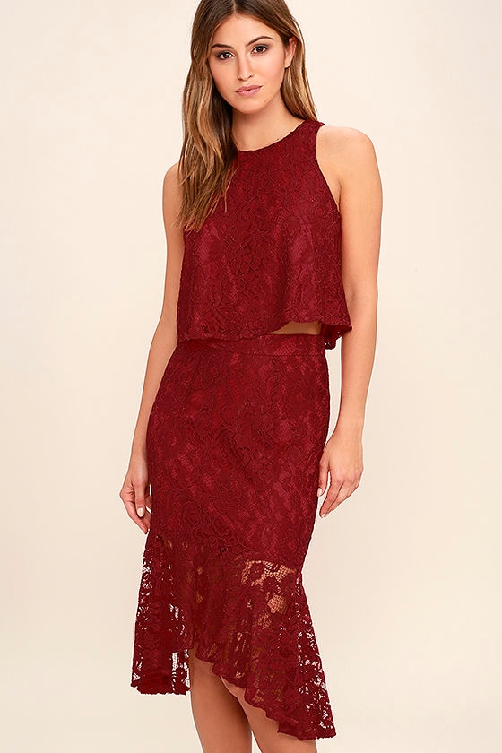 Dark Red Two-Piece Dress - Lace Two-Piece Dress - Midi Dress