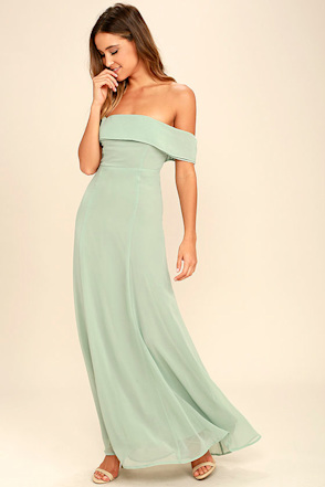maxi sage off shoulder dress under $100 Dalia Off Shoulder Satin Maxi Dress / Sage | MESHKI