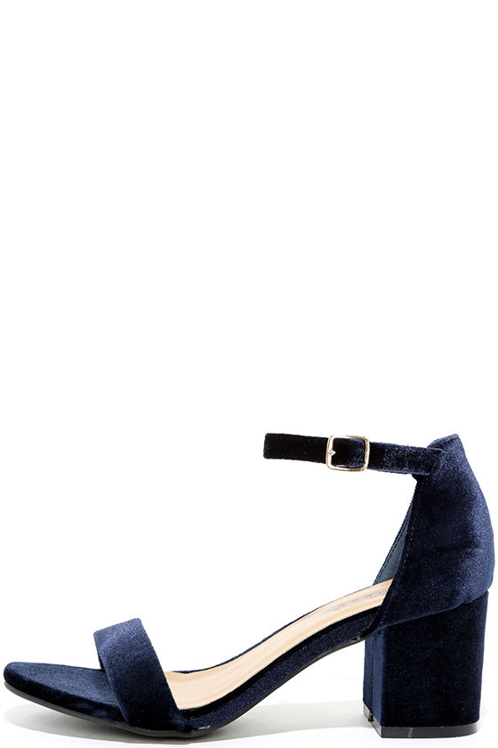 For Real Navy Velvet Ankle Strap Heels 1