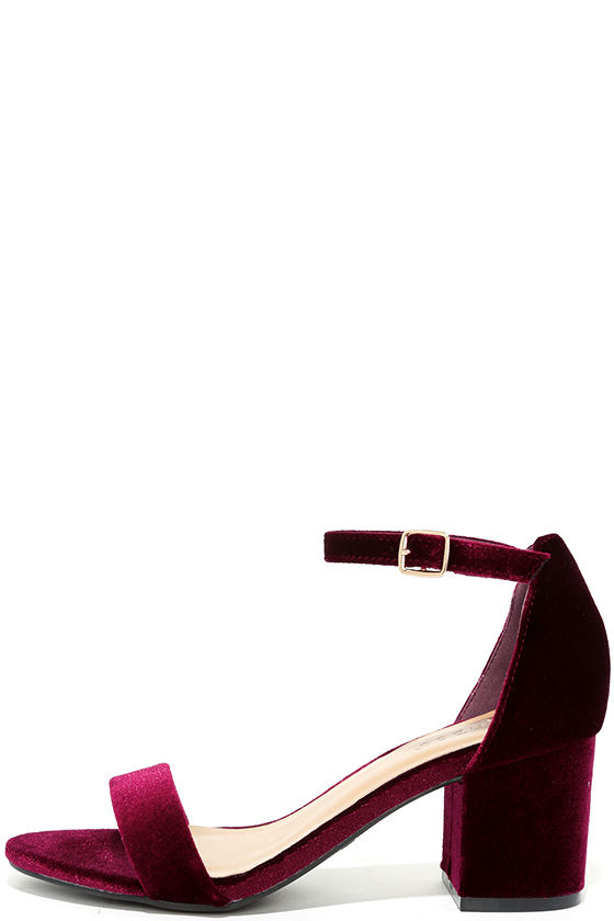 For Real Burgundy Velvet Ankle Strap Heels 1