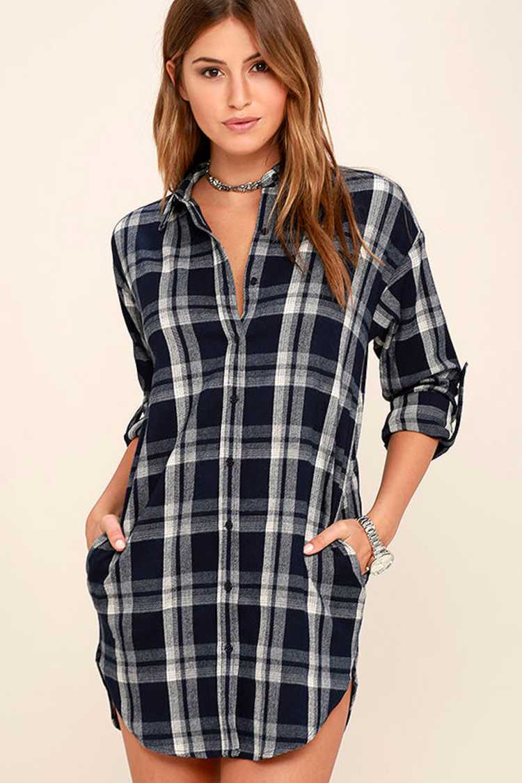 Leaves and Thank You Navy Blue Plaid Shirt Dress