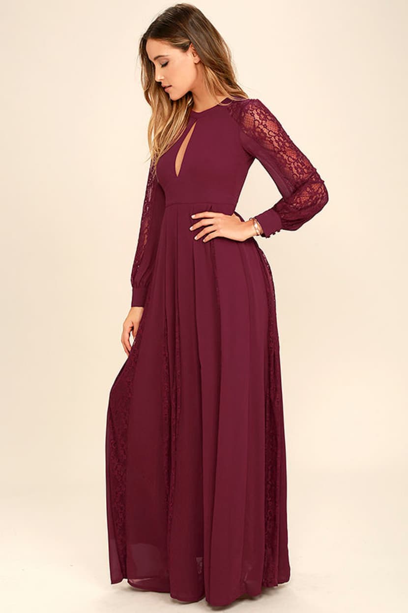 Lovely Burgundy Dress - Maxi Dress - Lace Dress - Long Sleeve Dress -  $78.00 - Lulus