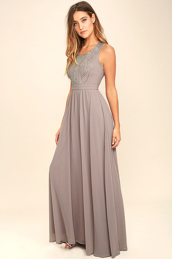 Grey Dress - Maxi Dress - Beaded Dress 