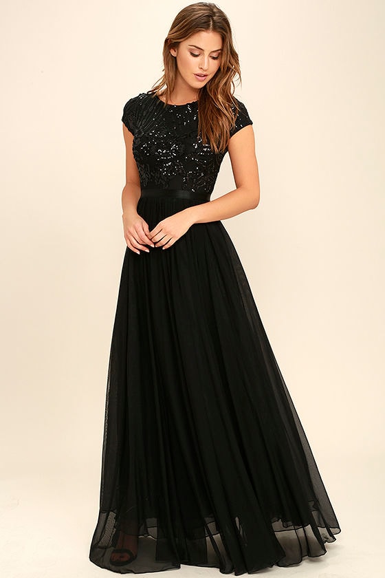 Lovely Black Maxi Dress - Sequin Maxi Dress - Cap Sleeve Maxi Dress ...