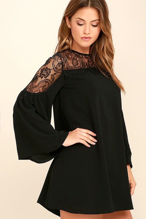 Chic Black Lace Dress - LBD - Long Sleeve Dress - Bell Sleeve Dress ...
