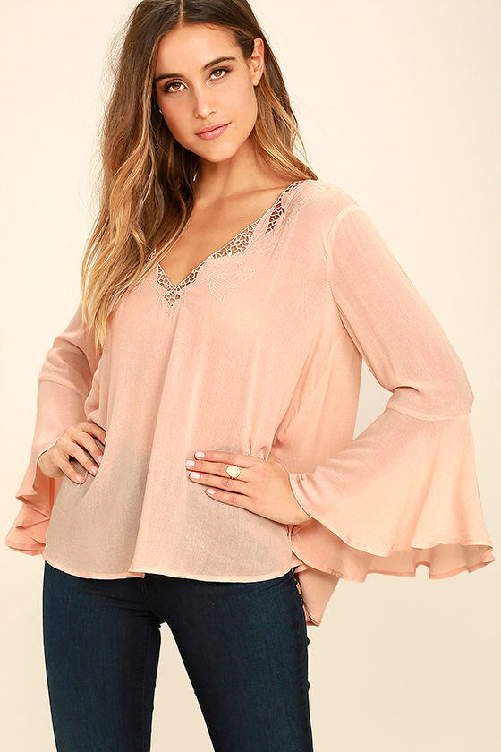 Lovely Light Peach Top Long Sleeve Top Bell Sleeve Top Blouse