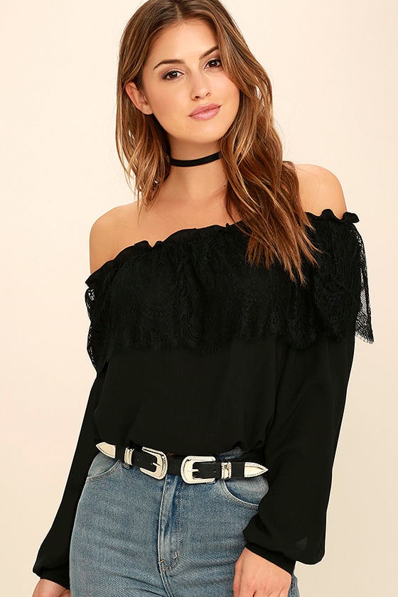 Lovely Black Top - Off-The-Shoulder Top - Lace Top - Long Sleeve Top ...