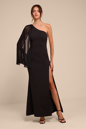 Majestic Attitude Black Cape Sleeve One-Shoulder Maxi Dress 2