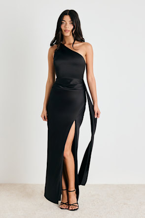 black satin one shoulder dress Thats So Fetch | Elianna Maxi | tie events Black Satin One Shoulder Midi