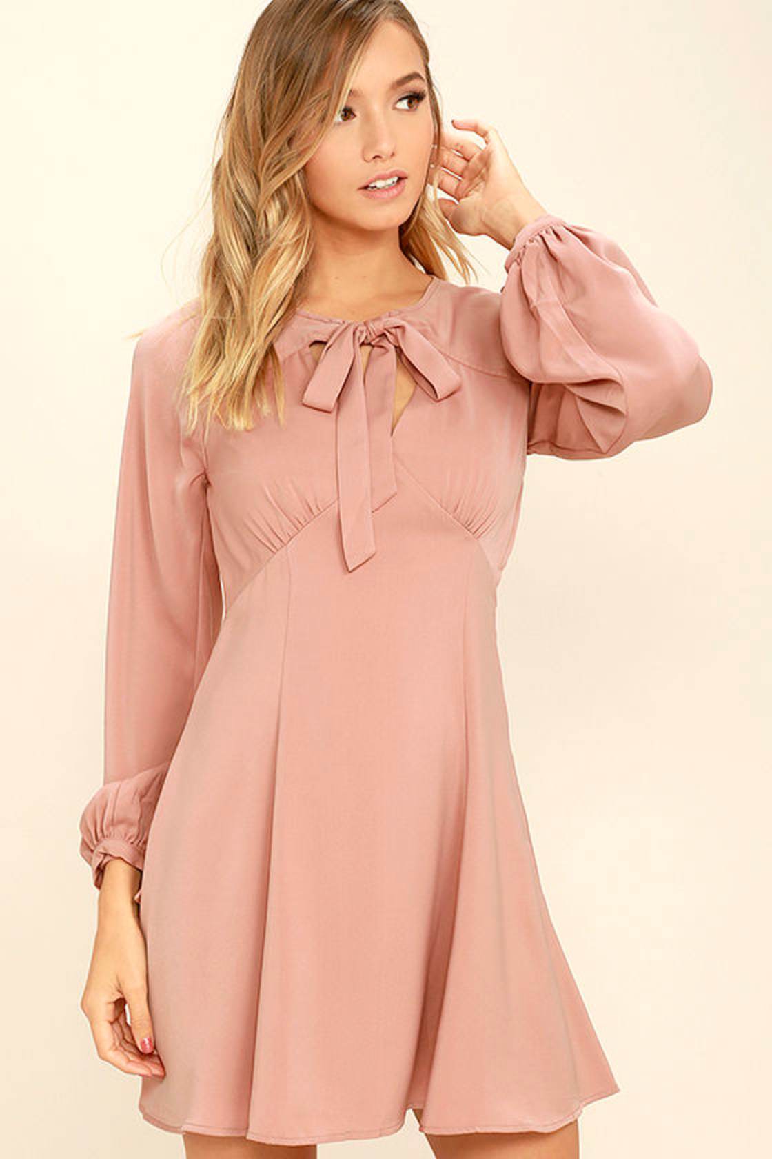 Lovely Blush Dress Long Sleeve Dress Fit and Flare Dress 56.00 Lulus