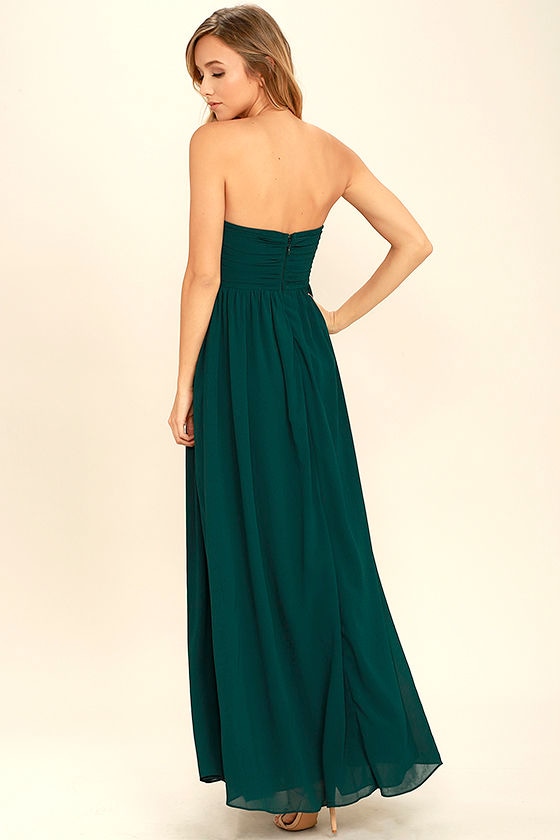 green strapless gown