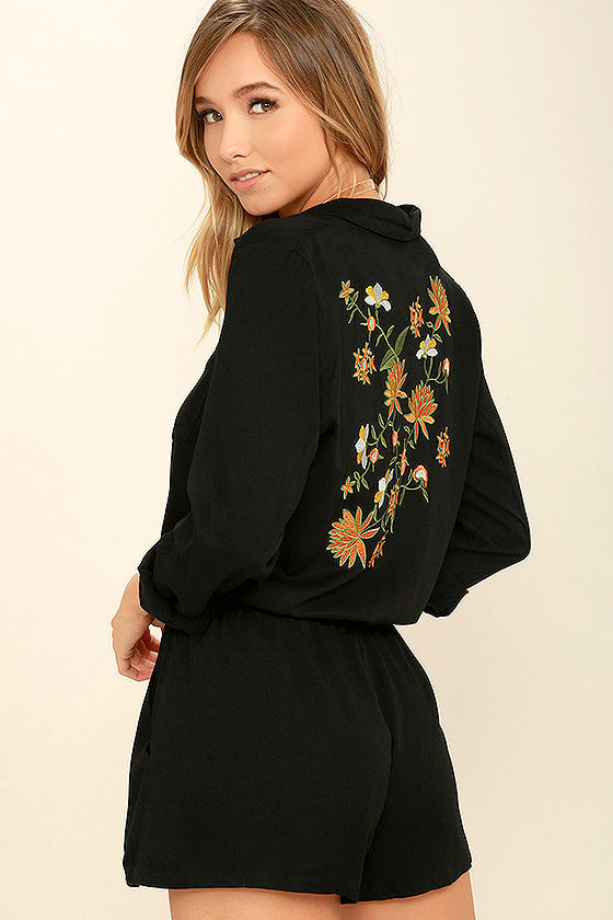 Chic Black Romper - Embroidered Romper - Long Sleeve Romper - $78.00 ...