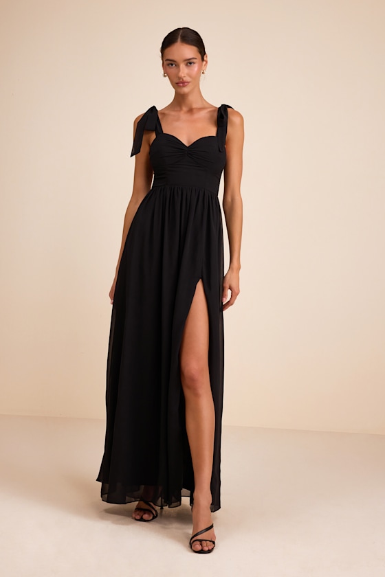 Radiant Charisma Black Chiffon Ruched Tie-Strap Maxi Dress 2