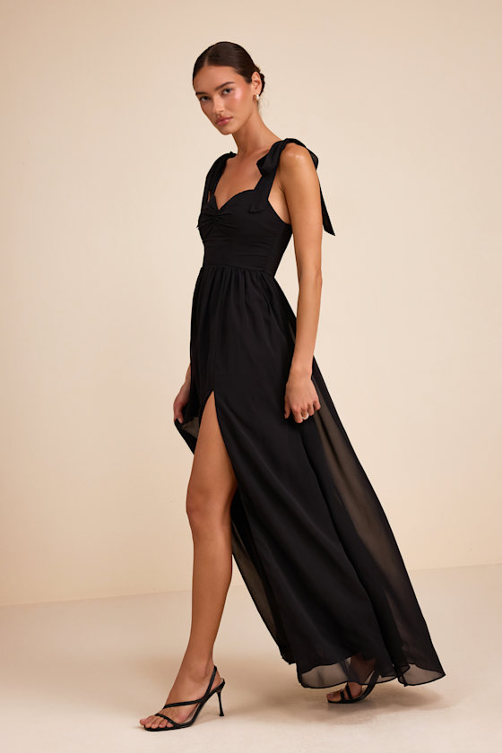 Radiant Charisma Black Chiffon Ruched Tie-Strap Maxi Dress - thumbnail 4