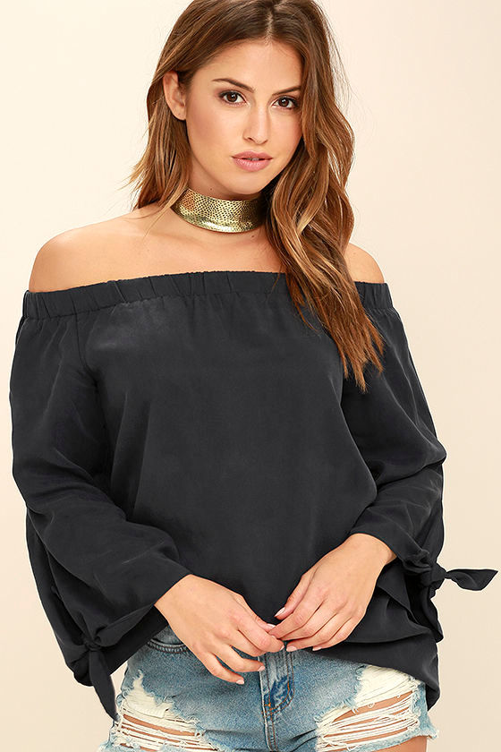 Lovely Navy Blue Top - Off-the-Shoulder Top - Long Sleeve Top - $43.00 ...