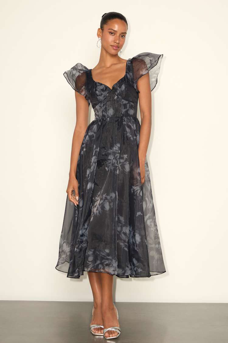 Mesmerizing Mood Black Floral Organza Ruffled A-Line Midi Dress