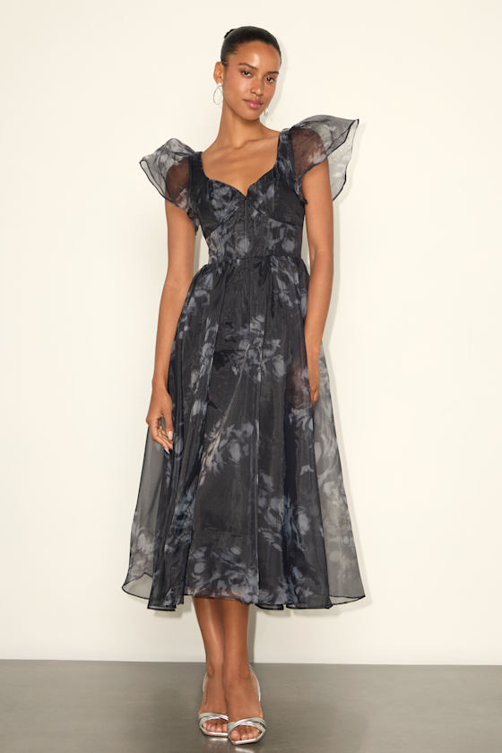 Mesmerizing Mood Black Floral Organza Ruffled A-Line Midi Dress 2