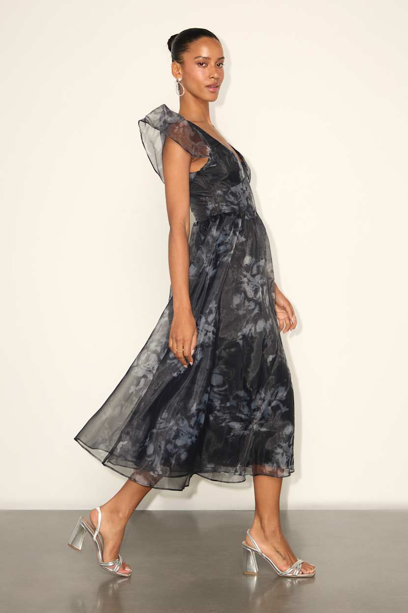 Mesmerizing Mood Black Floral Organza Ruffled A-Line Midi Dress