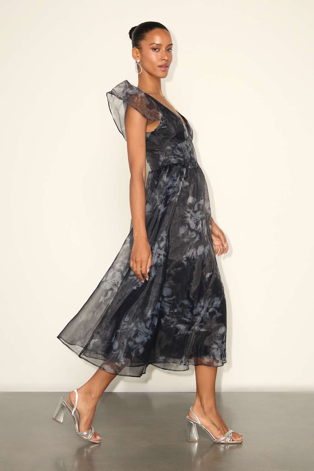 Mesmerizing Mood Black Floral Organza Ruffled A-Line Midi Dress