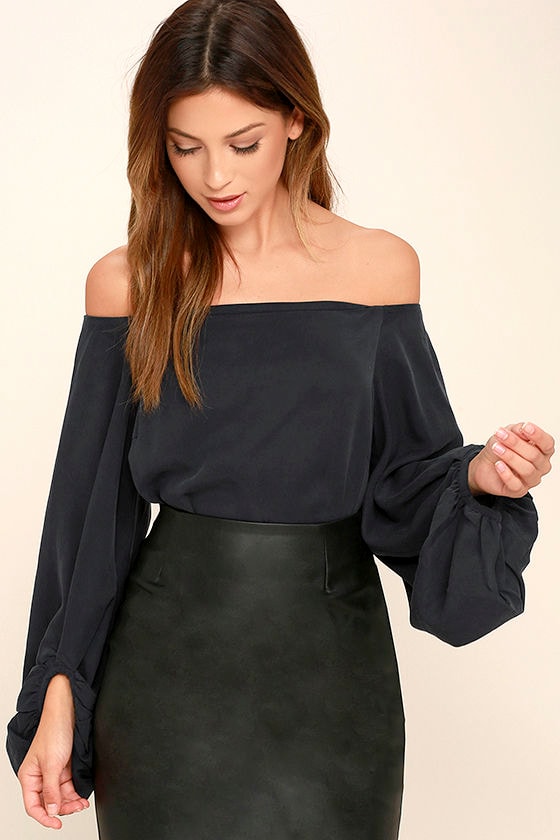 Prevail Washed Navy Blue Off-the-Shoulder Top