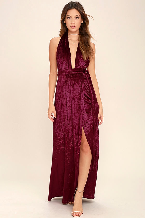 Stunning Burgundy Maxi Dress - Velvet Maxi - Wrap Dress - Halter Dress ...