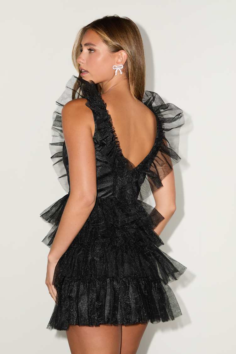 Striking Sensation Black Tulle Tiered Ruffled Mini Dress