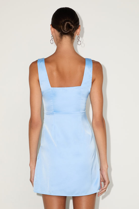 Truly the Cutest Light Blue Satin Square Neck Mini Dress