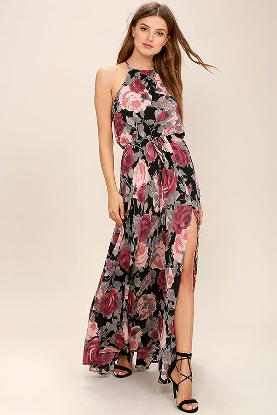 Lovely Black Floral Print Dress - Maxi Dress - Sleeveless Dress - $96. ...