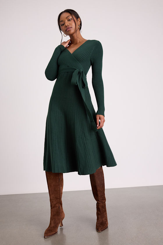 Green Surplice Dress - Midi Sweater Dress - Surplice Dress - Lulus