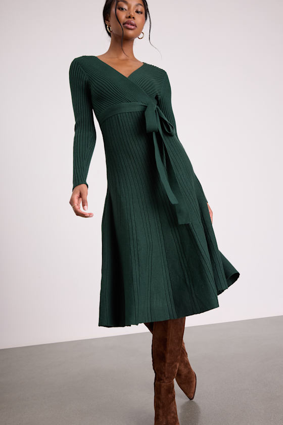 Green Surplice Dress - Midi Sweater Dress - Surplice Dress - Lulus