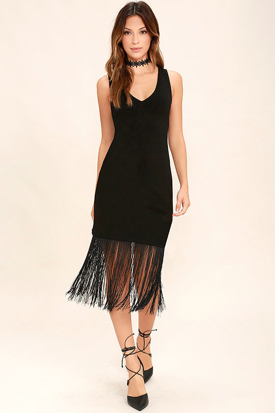 black mini fringe dress