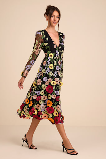 Impressive Blossom Black 3D Floral Embroidered Midi Dress 1