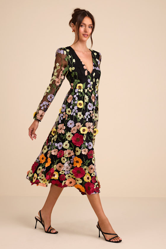 Impressive Blossom Black 3D Floral Embroidered Midi Dress 1