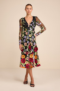 Impressive Blossom Black 3D Floral Embroidered Midi Dress 2