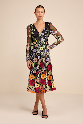 Impressive Blossom Black 3D Floral Embroidered Midi Dress 2