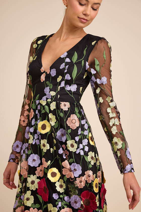 3D Floral Dress - Black Floral Dress - Long Sleeve Midi Dress - Lulus