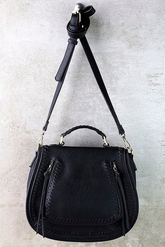 Boho Black Bag Crossbody Bag Vegan Leather Bag Whipstitched Bag