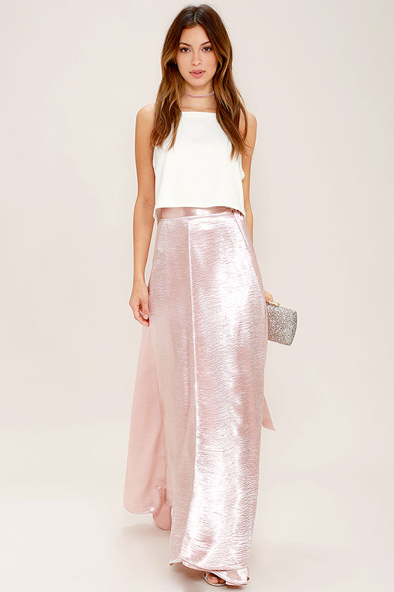 On Holiday Blush Pink Satin Maxi Skirt 2