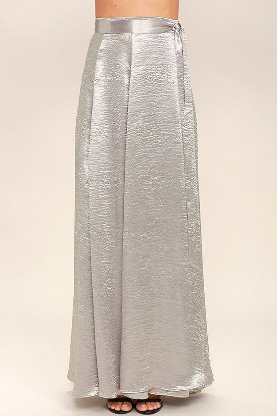 Chic Silver Skirt Satin Skirt Maxi Skirt 62.00