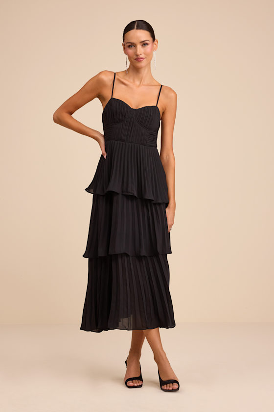 Black Bustier Dress - Tiered Midi Dress - Pleated Chiffon Dress