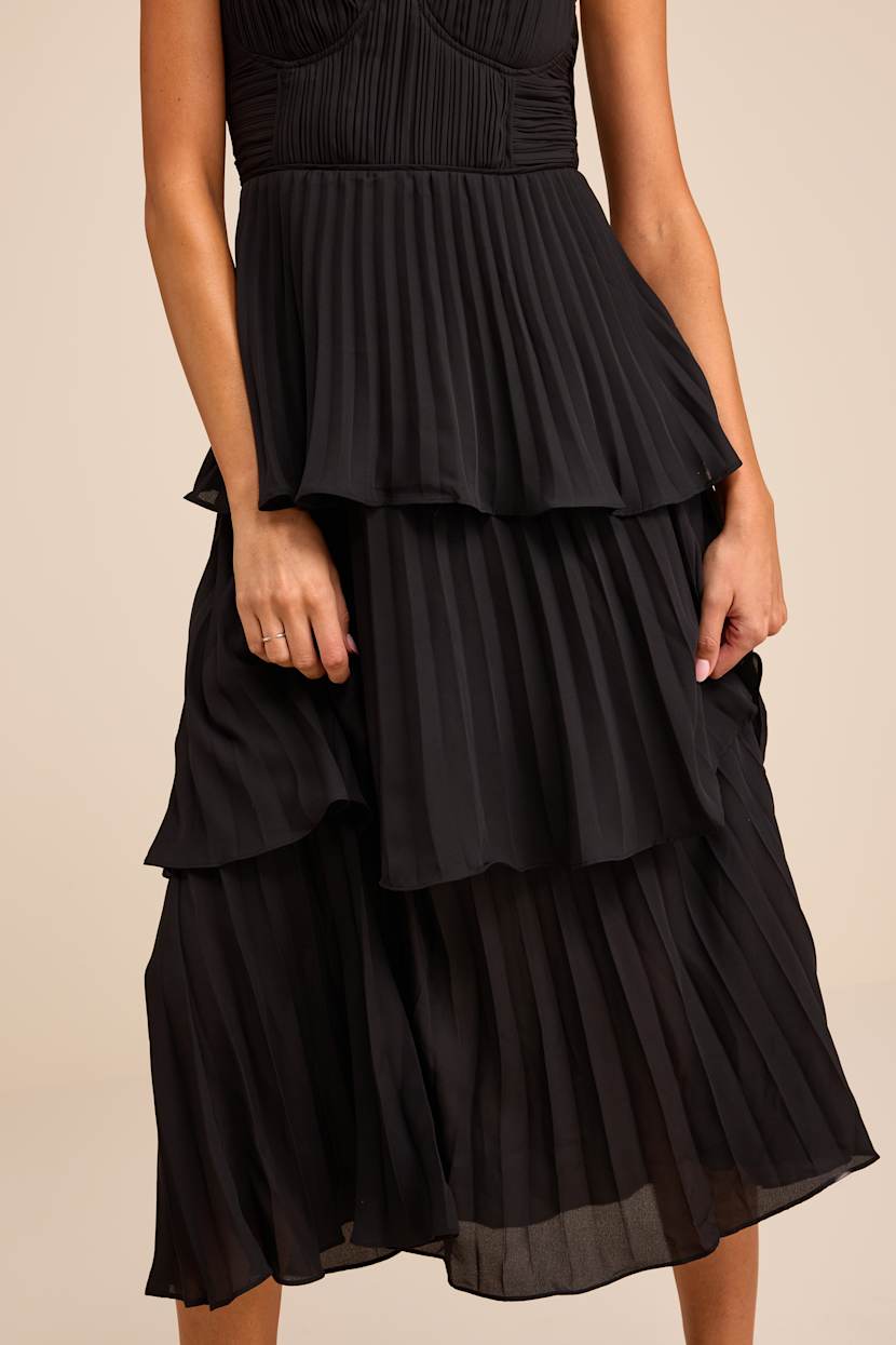 knee length dresses for ladies Ieena for Mac Duggal - Black Floral Chiffon Tiered Midi Dress with Neck Bow
