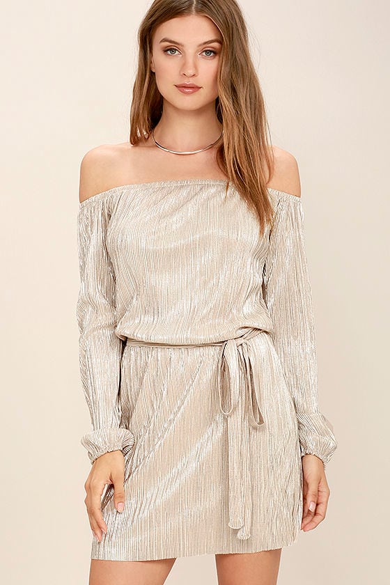 Glisten Closely Beige and Silver Off-the-Shoulder Dress