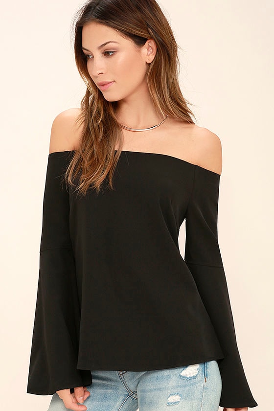 Chic Black Top - Long Sleeve Top - Off-the-Shoulder Top - $34.00
