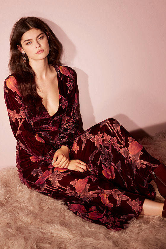 Practical Magic Burgundy Velvet Floral Print Maxi Dress 2