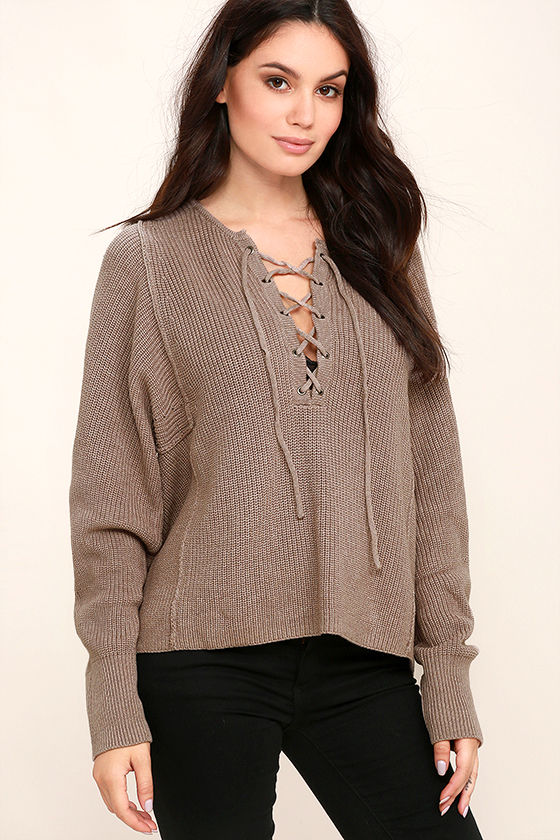 Cute Taupe Sweater - Lace-Up Sweater - Knit Sweater - $54.00 - Lulus