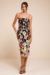 Thriving Energy Black 3D Floral Embroidered Lace-Up Midi Dress 2