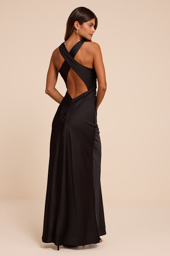 Effortlessly Sensational Black Satin Backless Maxi Dress - thumbnail 3