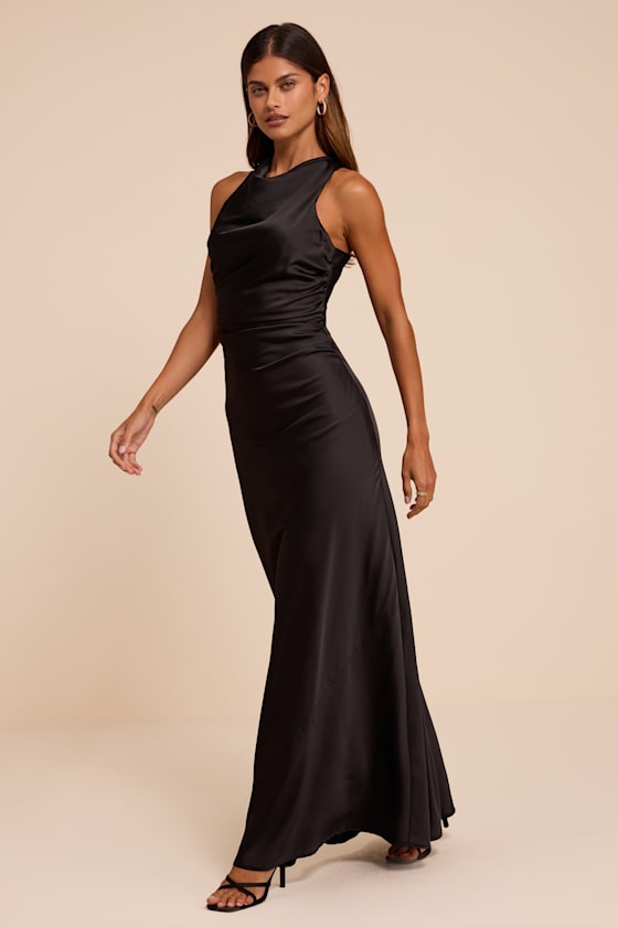 Effortlessly Sensational Black Satin Backless Maxi Dress - thumbnail 4