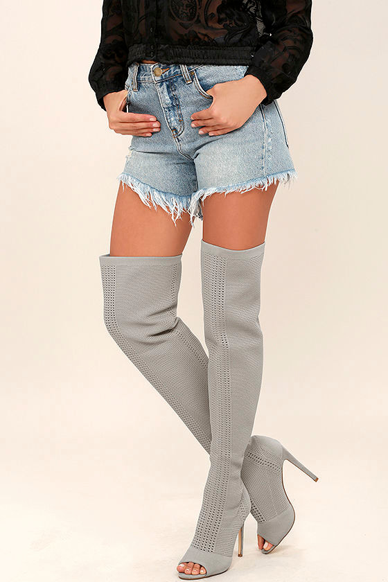 Vice Grey Knit Peep-Toe Thigh High Boots